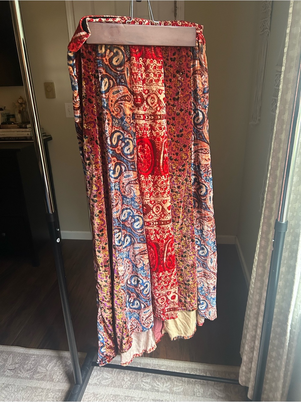 Anthropologie Patchwork Velvet side-slit maxi skirt in Red and Blue